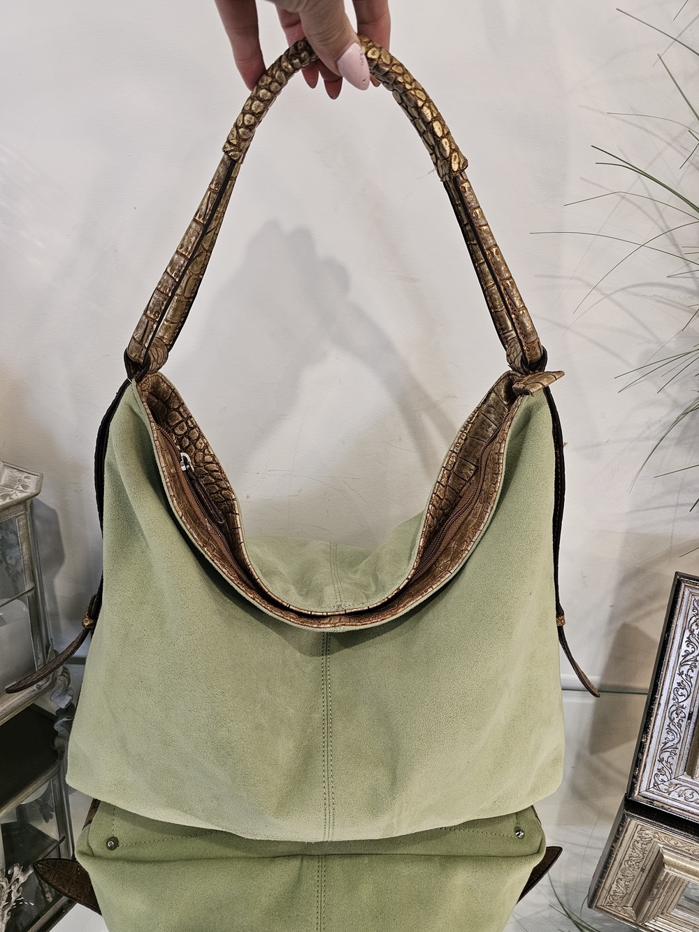 Green Suede Like Shoulder Bag with Brown Croc-Texture Trim
